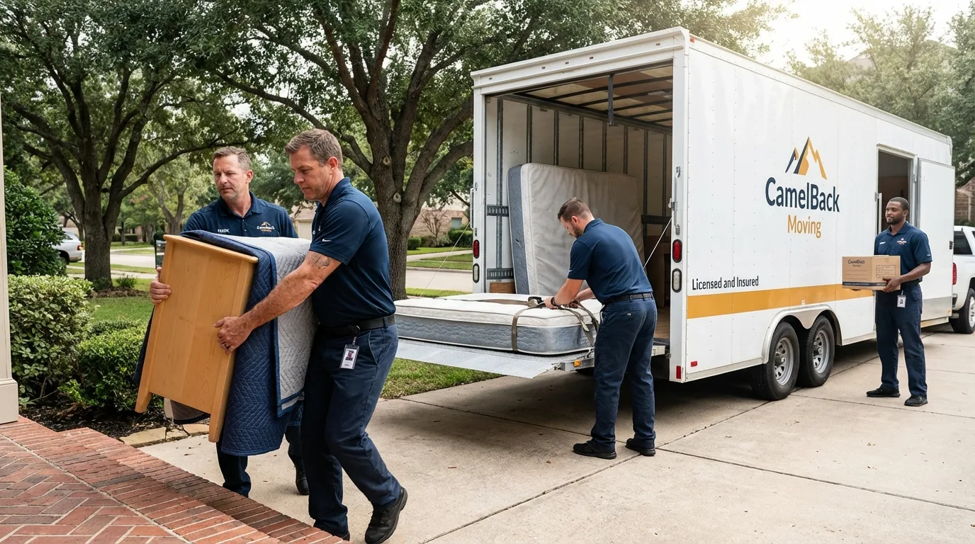 Crew loading residential truck for cross-state move from Marlin, TX