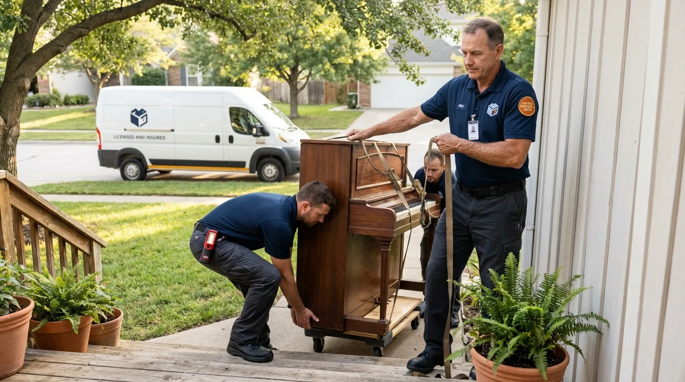 Licensed piano movers securing grand piano in Marlin, TX