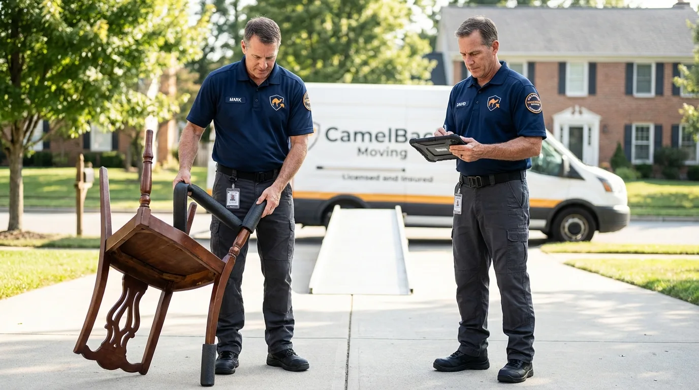 Movers inspecting furniture for damage prevention before loading in Marlin, TX
