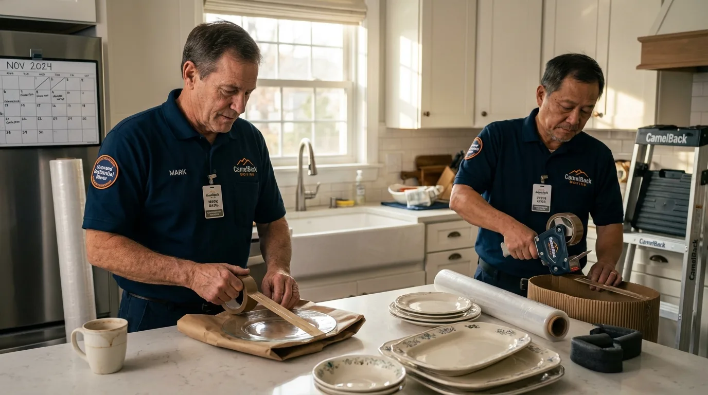 Professional crew packing kitchen dishware in Marlin, TX